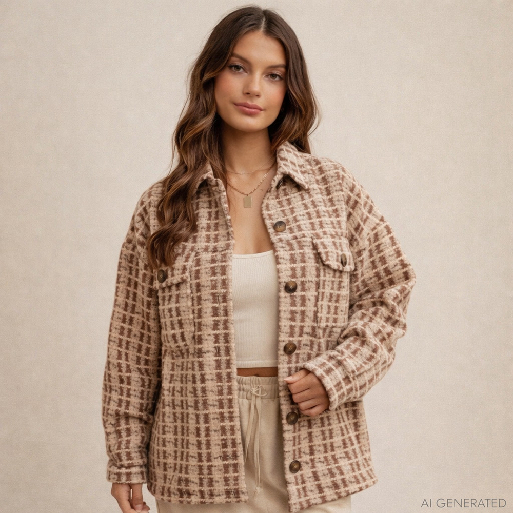 Hem & Thread Checkered Tweed Shacket Brown Jacket Medium Plaid Button Front NWT